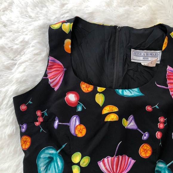 JESSICA HOWARD • Vintage Black Dress Neon Funky Fruit and Cocktail Pattern - Picture 4 of 14